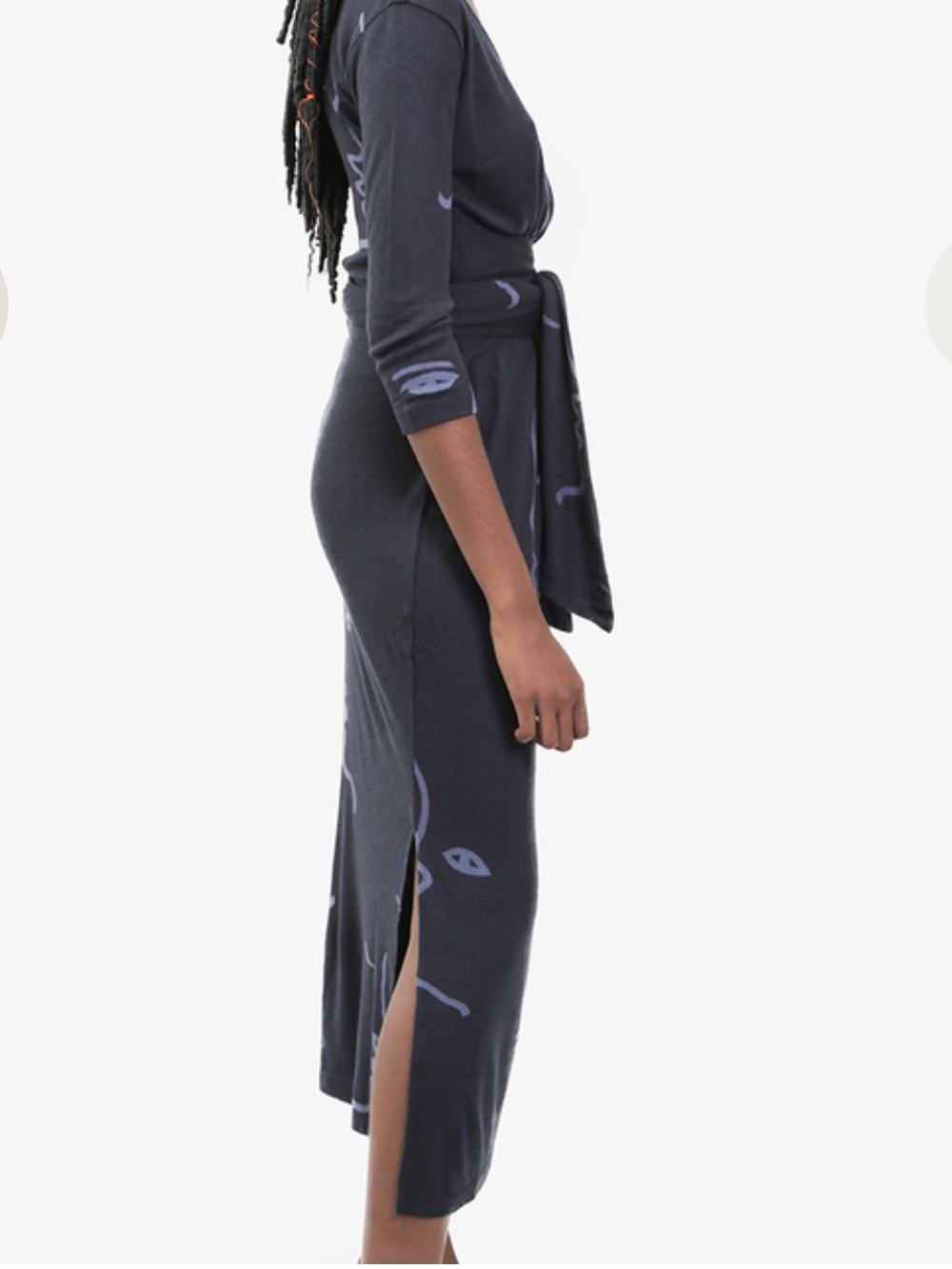 Paloma Wool Navy Wrap Midi Dress with Lavender Line Faces - Picture 7 of 8